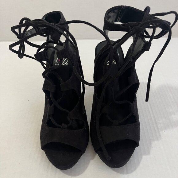 Y2K Strappy Cage Shoes Sz 7 Stiletto Heels Black Faux Suede Open Toe Whimsigoth. - Picture 2 of 8